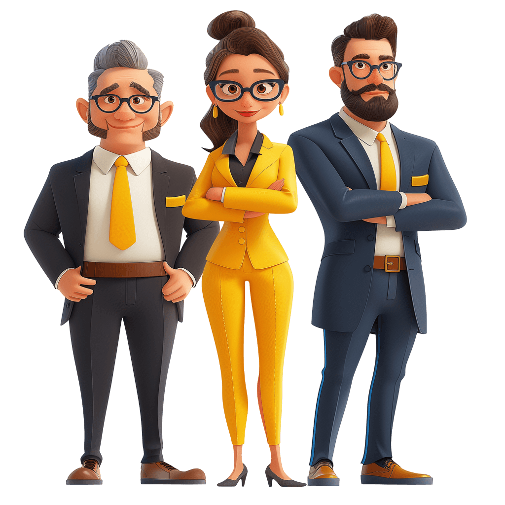 A team of pixar-like 3d characters dressed in business attire facing the camera front-on