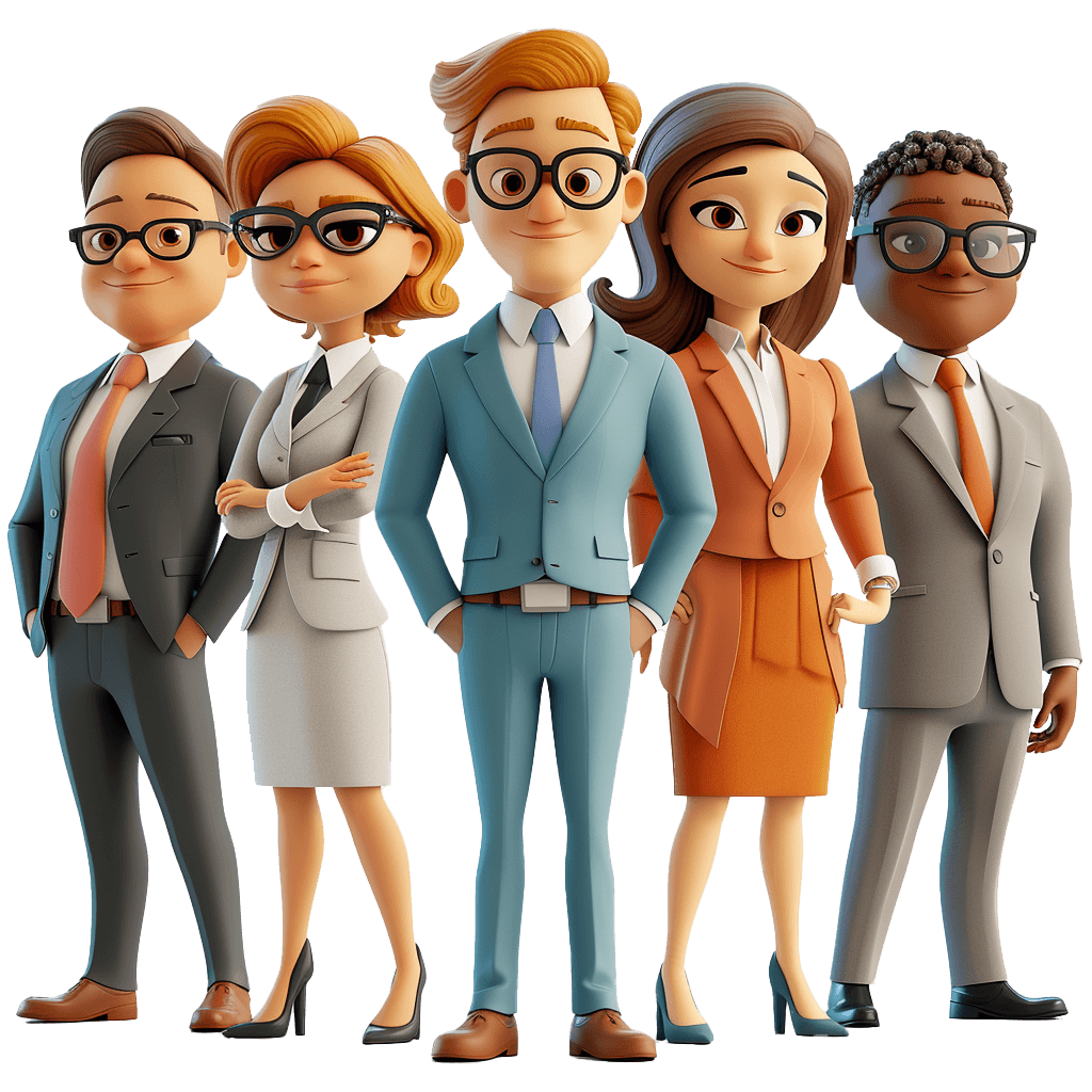 A team of pixar-like 3d characters dressed in business attire facing the camera front-on
